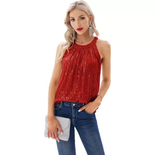 GRACE KARIN Sequin Halter Tops for Women Sleeveless Dressy Sparkle Tank Camisole Tops Party Club Cocktail Vest ShirtBright Red