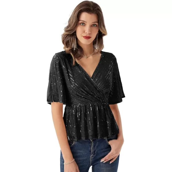 GRACE KARIN Sequin Ruffle Tops for Women Short Sleeve Dressy Sparkly Tops Ruched Wrap Blouse Party Club Cocktail Shirt1328 Black