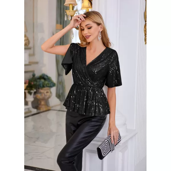 GRACE KARIN Sequin Ruffle Tops for Women Short Sleeve Dressy Sparkly Tops Ruched Wrap Blouse Party Club Cocktail Shirt1328 Black