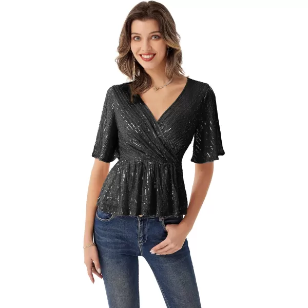 GRACE KARIN Sequin Ruffle Tops for Women Short Sleeve Dressy Sparkly Tops Ruched Wrap Blouse Party Club Cocktail Shirt1328 Black