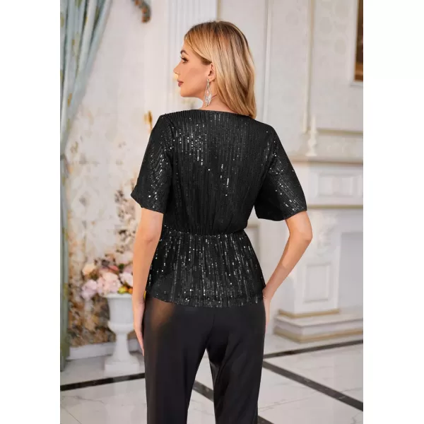 GRACE KARIN Sequin Ruffle Tops for Women Short Sleeve Dressy Sparkly Tops Ruched Wrap Blouse Party Club Cocktail Shirt1328 Black