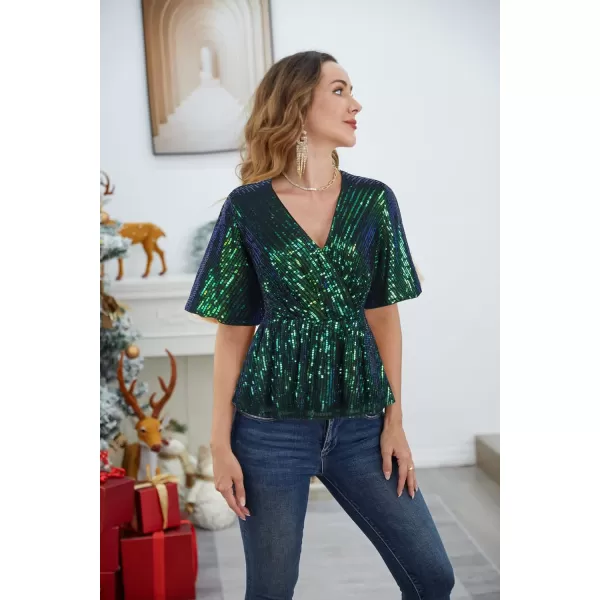 GRACE KARIN Sequin Ruffle Tops for Women Short Sleeve Dressy Sparkly Tops Ruched Wrap Blouse Party Club Cocktail Shirt1328 Blue Green