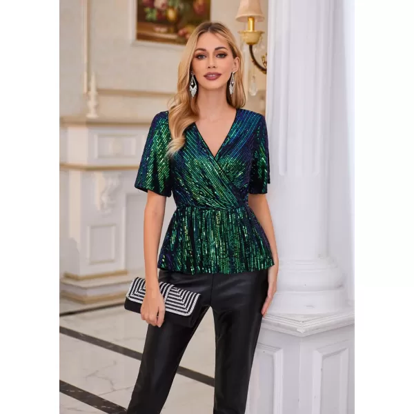 GRACE KARIN Sequin Ruffle Tops for Women Short Sleeve Dressy Sparkly Tops Ruched Wrap Blouse Party Club Cocktail Shirt1328 Blue Green