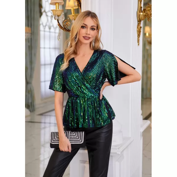 GRACE KARIN Sequin Ruffle Tops for Women Short Sleeve Dressy Sparkly Tops Ruched Wrap Blouse Party Club Cocktail Shirt1328 Blue Green