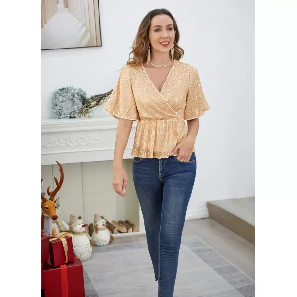 GRACE KARIN Sequin Ruffle Tops for Women Short Sleeve Dressy Sparkly Tops Ruched Wrap Blouse Party Club Cocktail Shirt1328 Champagne