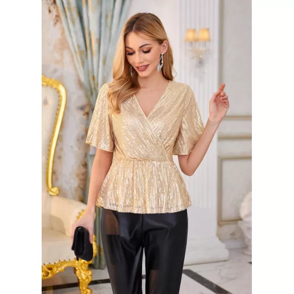 GRACE KARIN Sequin Ruffle Tops for Women Short Sleeve Dressy Sparkly Tops Ruched Wrap Blouse Party Club Cocktail Shirt1328 Champagne