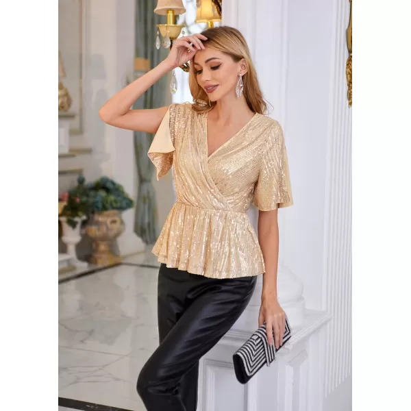 GRACE KARIN Sequin Ruffle Tops for Women Short Sleeve Dressy Sparkly Tops Ruched Wrap Blouse Party Club Cocktail Shirt1328 Champagne