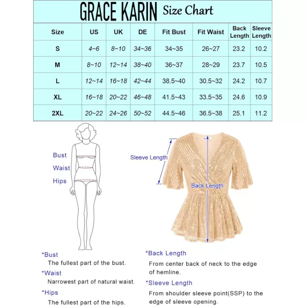 GRACE KARIN Sequin Ruffle Tops for Women Short Sleeve Dressy Sparkly Tops Ruched Wrap Blouse Party Club Cocktail Shirt1328 Champagne