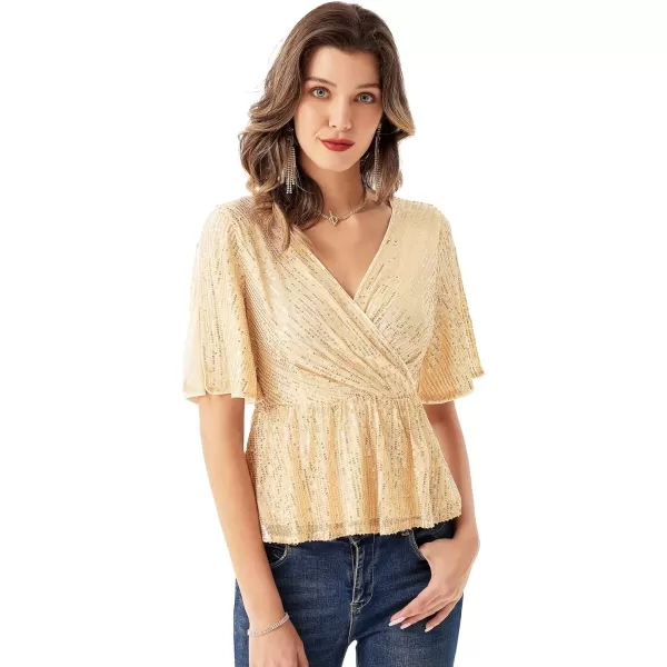 GRACE KARIN Sequin Ruffle Tops for Women Short Sleeve Dressy Sparkly Tops Ruched Wrap Blouse Party Club Cocktail Shirt1328 Champagne