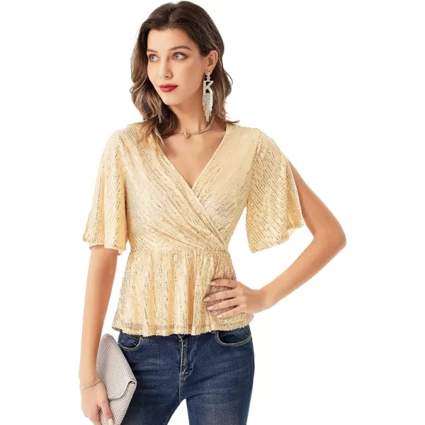 GRACE KARIN Sequin Ruffle Tops for Women Short Sleeve Dressy Sparkly Tops Ruched Wrap Blouse Party Club Cocktail Shirt1328 Champagne