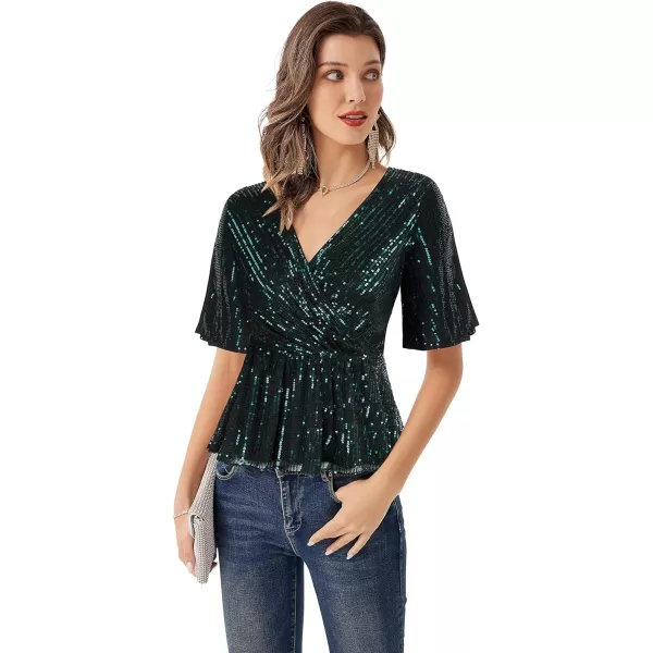 GRACE KARIN Sequin Ruffle Tops for Women Short Sleeve Dressy Sparkly Tops Ruched Wrap Blouse Party Club Cocktail Shirt1328 Green
