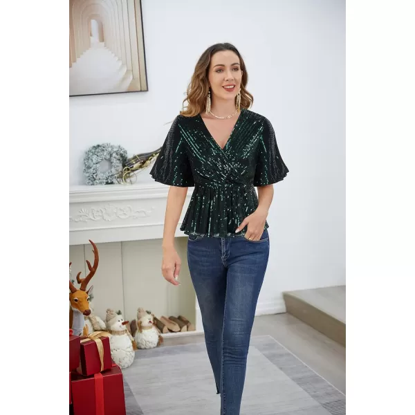 GRACE KARIN Sequin Ruffle Tops for Women Short Sleeve Dressy Sparkly Tops Ruched Wrap Blouse Party Club Cocktail Shirt1328 Green