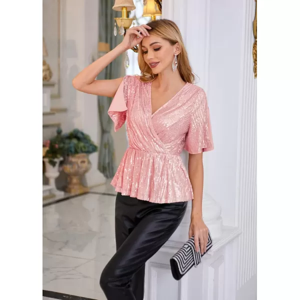 GRACE KARIN Sequin Ruffle Tops for Women Short Sleeve Dressy Sparkly Tops Ruched Wrap Blouse Party Club Cocktail Shirt1328 Pink