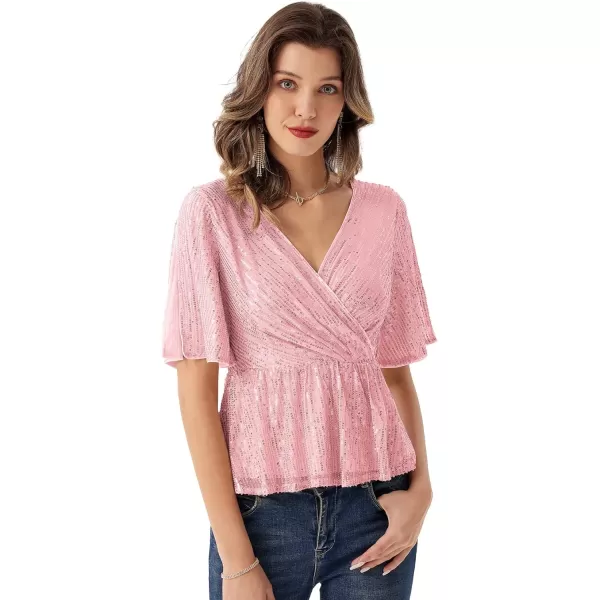 GRACE KARIN Sequin Ruffle Tops for Women Short Sleeve Dressy Sparkly Tops Ruched Wrap Blouse Party Club Cocktail Shirt1328 Pink