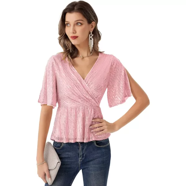 GRACE KARIN Sequin Ruffle Tops for Women Short Sleeve Dressy Sparkly Tops Ruched Wrap Blouse Party Club Cocktail Shirt1328 Pink