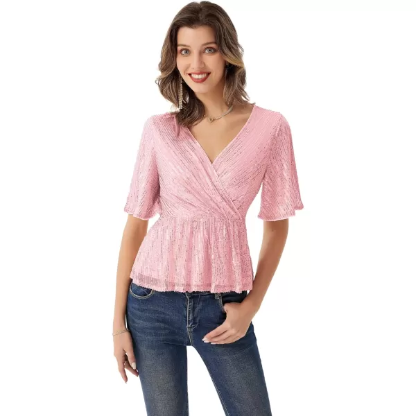 GRACE KARIN Sequin Ruffle Tops for Women Short Sleeve Dressy Sparkly Tops Ruched Wrap Blouse Party Club Cocktail Shirt1328 Pink