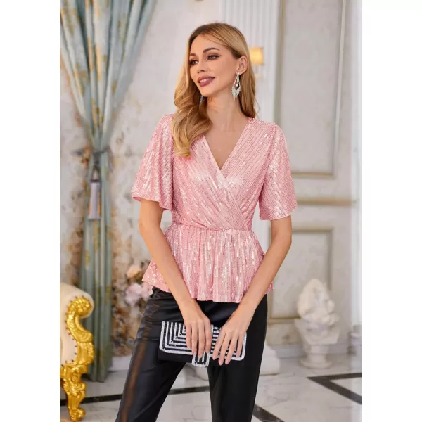 GRACE KARIN Sequin Ruffle Tops for Women Short Sleeve Dressy Sparkly Tops Ruched Wrap Blouse Party Club Cocktail Shirt1328 Pink