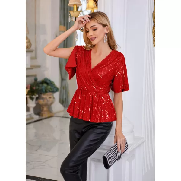 GRACE KARIN Sequin Ruffle Tops for Women Short Sleeve Dressy Sparkly Tops Ruched Wrap Blouse Party Club Cocktail Shirt1328 Red