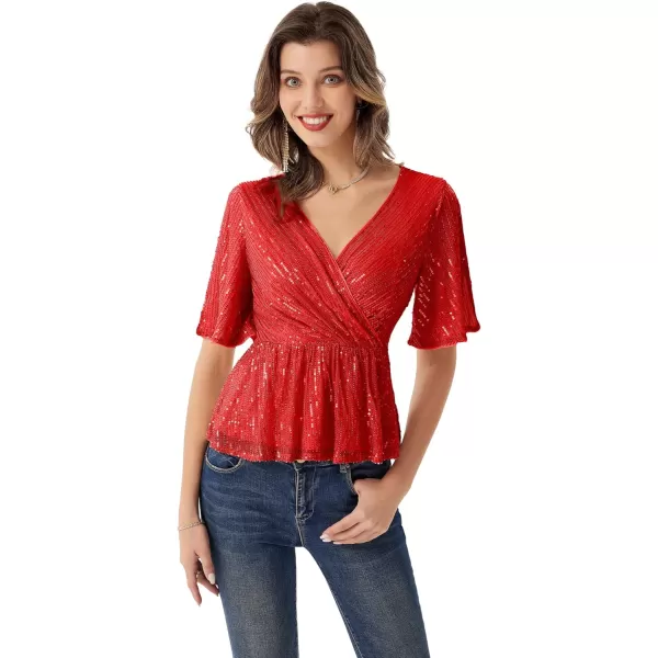 GRACE KARIN Sequin Ruffle Tops for Women Short Sleeve Dressy Sparkly Tops Ruched Wrap Blouse Party Club Cocktail Shirt1328 Red