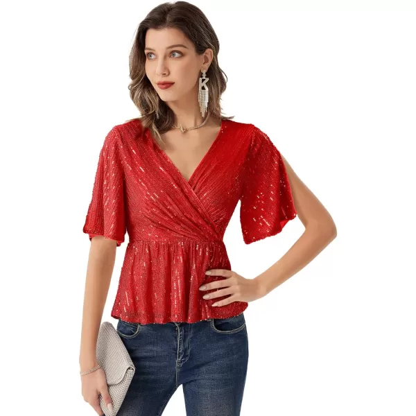 GRACE KARIN Sequin Ruffle Tops for Women Short Sleeve Dressy Sparkly Tops Ruched Wrap Blouse Party Club Cocktail Shirt1328 Red