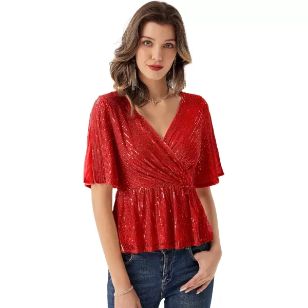 GRACE KARIN Sequin Ruffle Tops for Women Short Sleeve Dressy Sparkly Tops Ruched Wrap Blouse Party Club Cocktail Shirt1328 Red