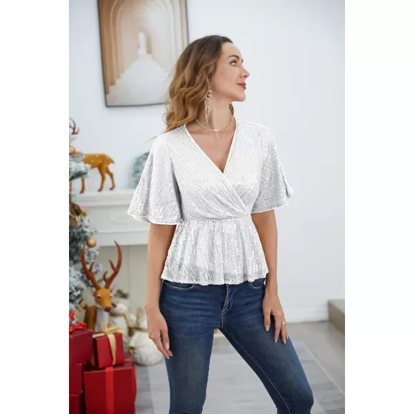 GRACE KARIN Sequin Ruffle Tops for Women Short Sleeve Dressy Sparkly Tops Ruched Wrap Blouse Party Club Cocktail Shirt1328 Silver