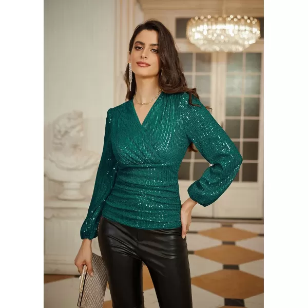 GRACE KARIN Sequin Ruffle Tops for Women Short Sleeve Dressy Sparkly Tops Ruched Wrap Blouse Party Club Cocktail ShirtTeallong Sleeve