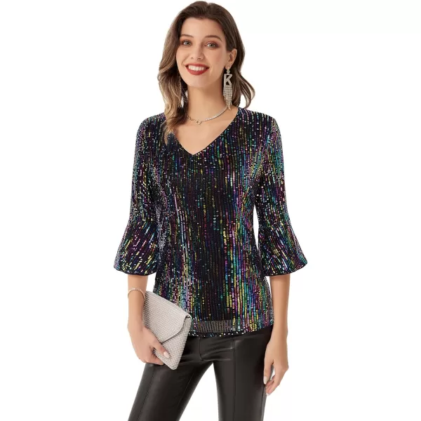 GRACE KARIN Sequin Tops for Women 34 Bell Sleeve VNeck CutOut Shiny Metallic Sparkly Glitter Party Tops BlouseMulticolora