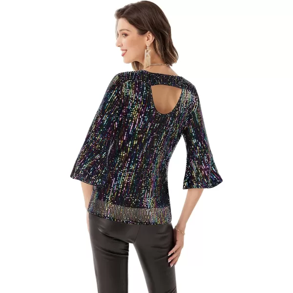 GRACE KARIN Sequin Tops for Women 34 Bell Sleeve VNeck CutOut Shiny Metallic Sparkly Glitter Party Tops BlouseMulticolora