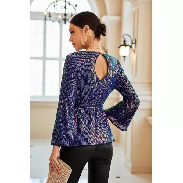 GRACE KARIN Sequin Tops for Women 34 Bell Sleeve VNeck CutOut Shiny Metallic Sparkly Glitter Party Tops BlousePurple Long Sleeve