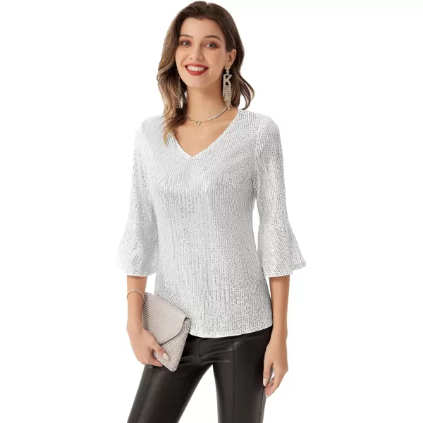 GRACE KARIN Sequin Tops for Women 34 Bell Sleeve VNeck CutOut Shiny Metallic Sparkly Glitter Party Tops BlouseSilver
