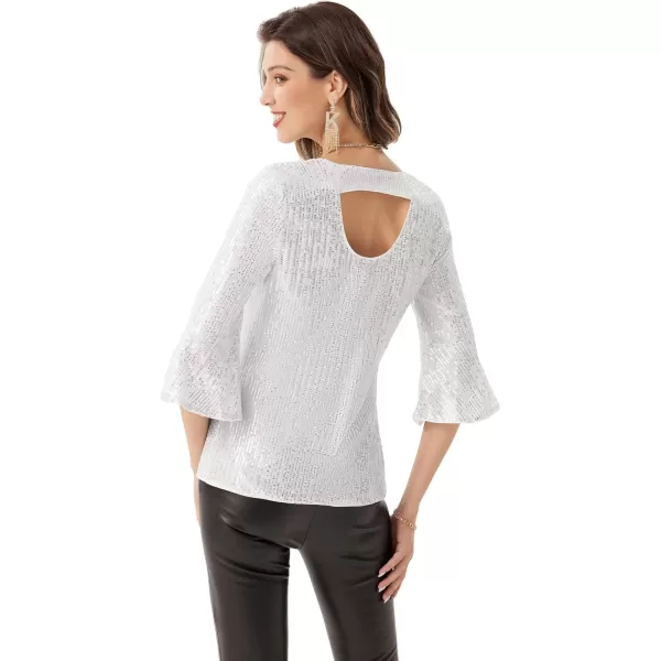 GRACE KARIN Sequin Tops for Women 34 Bell Sleeve VNeck CutOut Shiny Metallic Sparkly Glitter Party Tops BlouseSilver