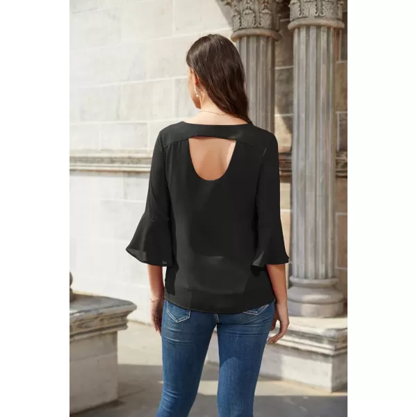 GRACE KARIN Sequin Tops for Women 34 Bell Sleeve VNeck CutOut Shiny Metallic Sparkly Glitter Party Tops BlouseSolid Black