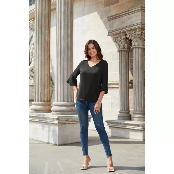 GRACE KARIN Sequin Tops for Women 34 Bell Sleeve VNeck CutOut Shiny Metallic Sparkly Glitter Party Tops BlouseSolid Black