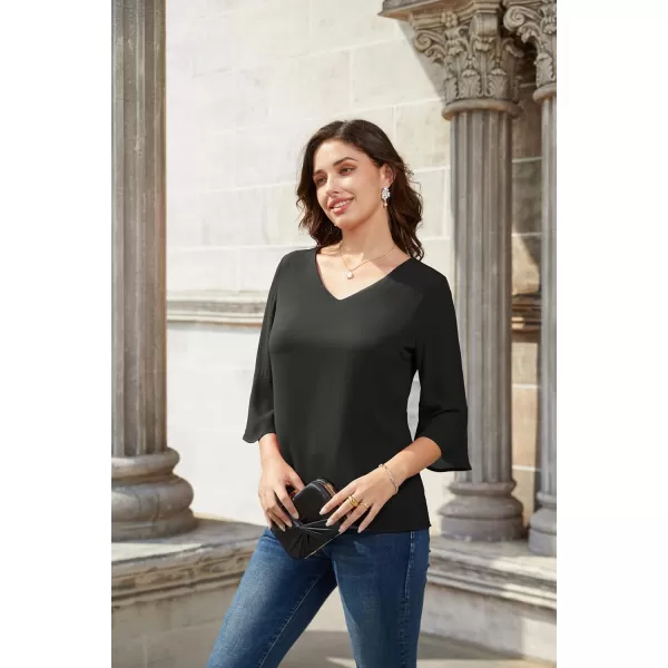 GRACE KARIN Sequin Tops for Women 34 Bell Sleeve VNeck CutOut Shiny Metallic Sparkly Glitter Party Tops BlouseSolid Black