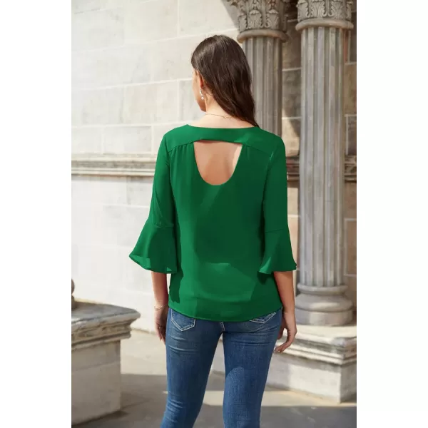 GRACE KARIN Sequin Tops for Women 34 Bell Sleeve VNeck CutOut Shiny Metallic Sparkly Glitter Party Tops BlouseSolid Green