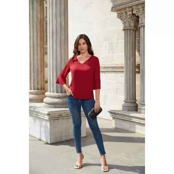 GRACE KARIN Sequin Tops for Women 34 Bell Sleeve VNeck CutOut Shiny Metallic Sparkly Glitter Party Tops BlouseSolid Wine Red