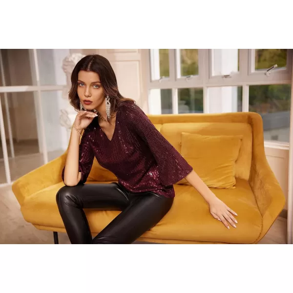 GRACE KARIN Sequin Tops for Women 34 Bell Sleeve VNeck CutOut Shiny Metallic Sparkly Glitter Party Tops BlouseWine Red