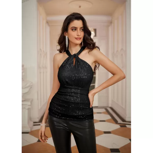 GRACE KARIN Sequin Tops for Women Elegant Halter Tops Sparkle Tank Shimmer Party Club Cocktail Slim Fit Ruched TopsBlack