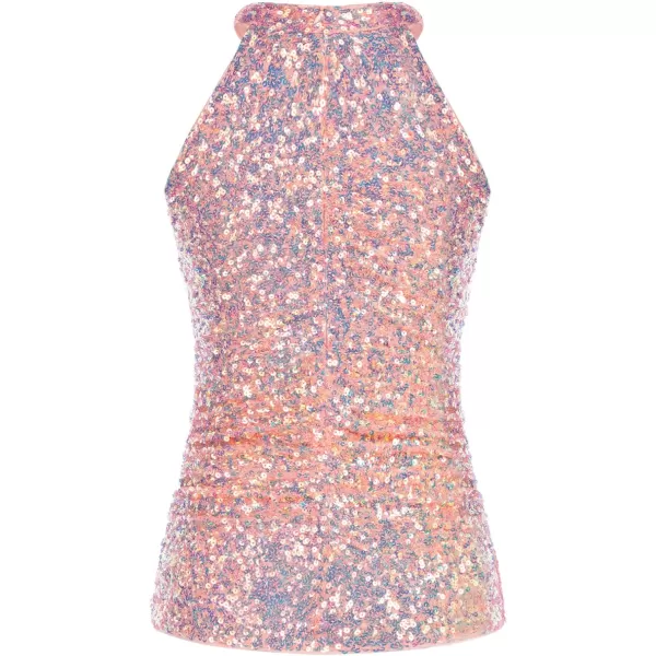GRACE KARIN Sequin Tops for Women Elegant Halter Tops Sparkle Tank Shimmer Party Club Cocktail Slim Fit Ruched TopsDazzlingpink