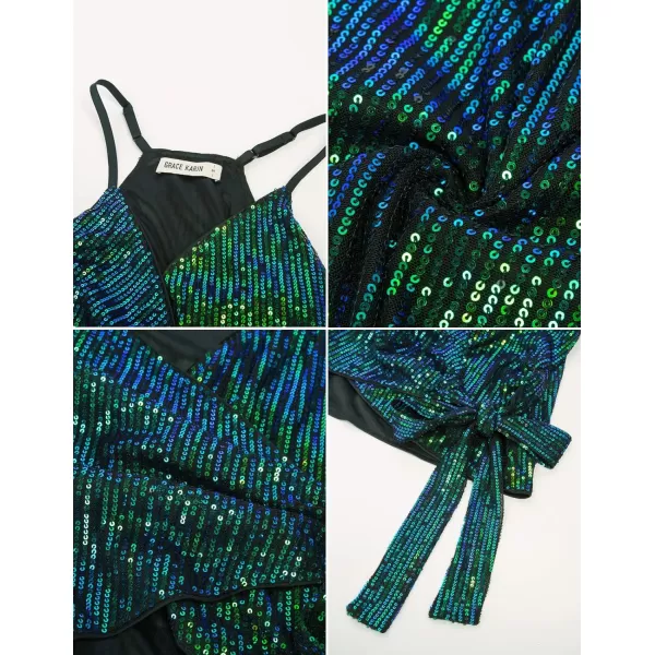 GRACE KARIN Sequin Tops for Women Sparkle Tank Camisole V Neck Sexy Tie Waist Top Party Club Cocktail Vest ShirtBluegreen