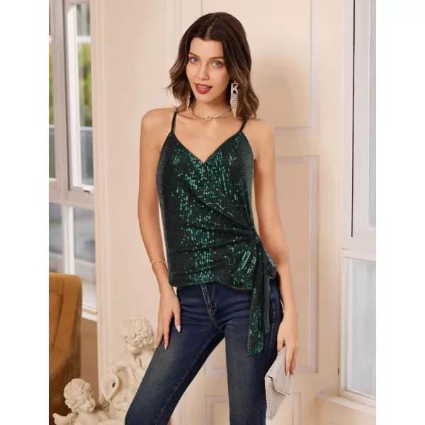 GRACE KARIN Sequin Tops for Women Sparkle Tank Camisole V Neck Sexy Tie Waist Top Party Club Cocktail Vest ShirtDark Green