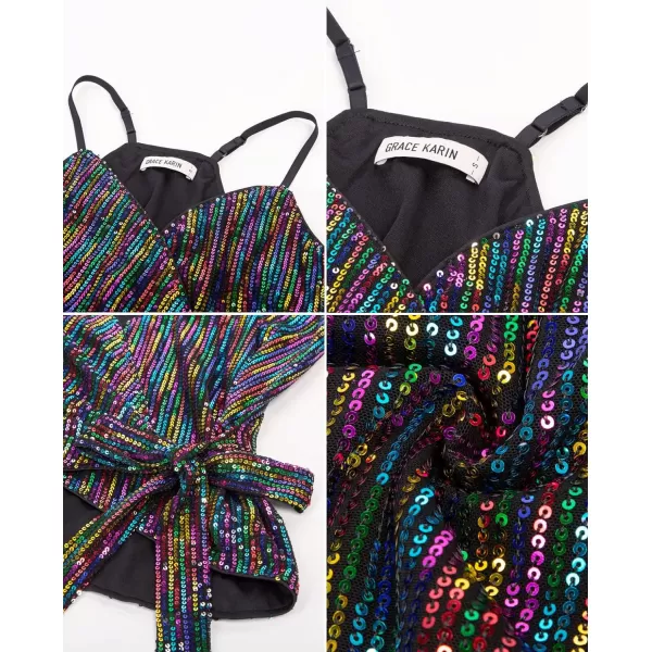 GRACE KARIN Sequin Tops for Women Sparkle Tank Camisole V Neck Sexy Tie Waist Top Party Club Cocktail Vest ShirtMulticolor