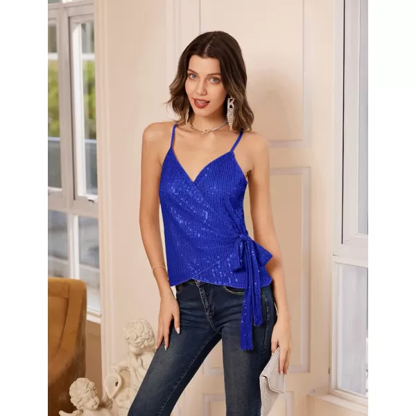 GRACE KARIN Sequin Tops for Women Sparkle Tank Camisole V Neck Sexy Tie Waist Top Party Club Cocktail Vest ShirtRoyal Blue