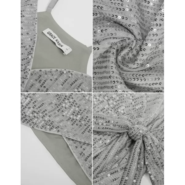 GRACE KARIN Sequin Tops for Women Sparkle Tank Camisole V Neck Sexy Tie Waist Top Party Club Cocktail Vest ShirtSilver Gray