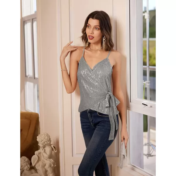 GRACE KARIN Sequin Tops for Women Sparkle Tank Camisole V Neck Sexy Tie Waist Top Party Club Cocktail Vest ShirtSilver Gray