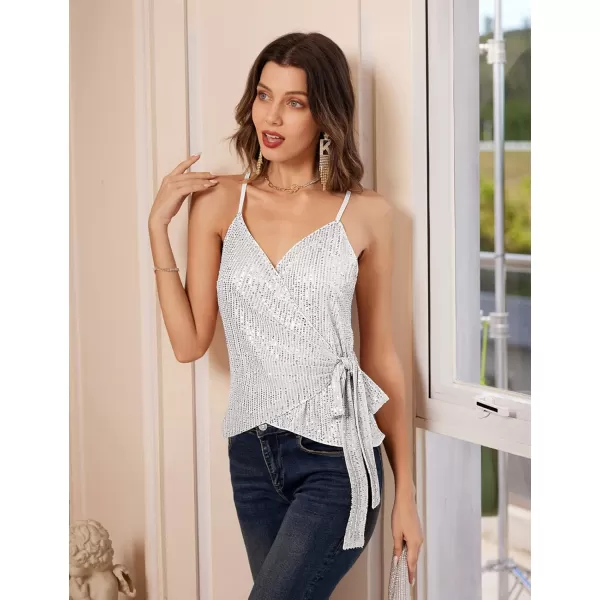 GRACE KARIN Sequin Tops for Women Sparkle Tank Camisole V Neck Sexy Tie Waist Top Party Club Cocktail Vest ShirtSilver White