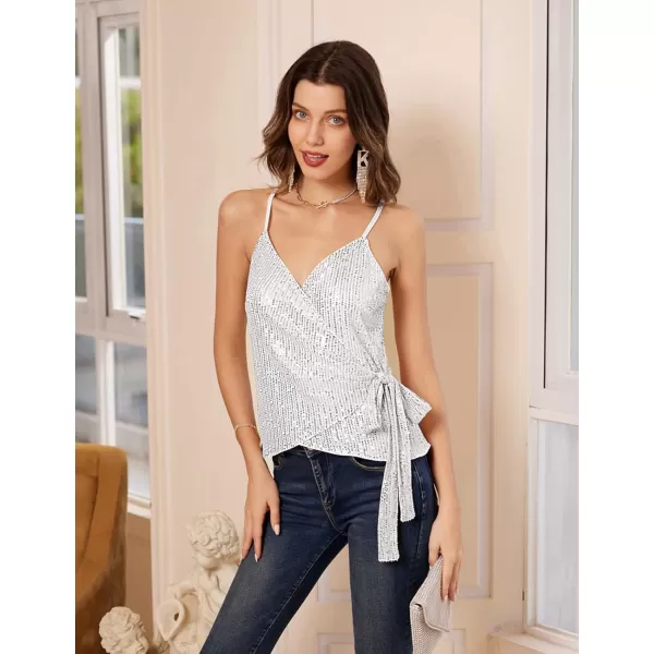 GRACE KARIN Sequin Tops for Women Sparkle Tank Camisole V Neck Sexy Tie Waist Top Party Club Cocktail Vest ShirtSilver White