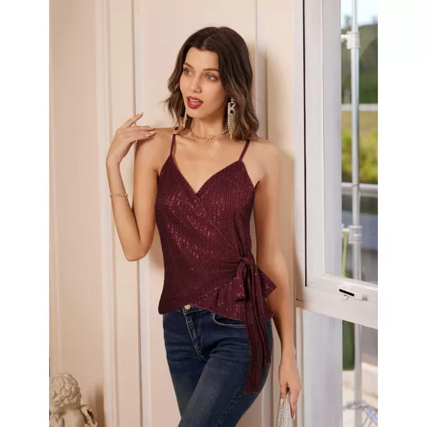 GRACE KARIN Sequin Tops for Women Sparkle Tank Camisole V Neck Sexy Tie Waist Top Party Club Cocktail Vest ShirtWine Red