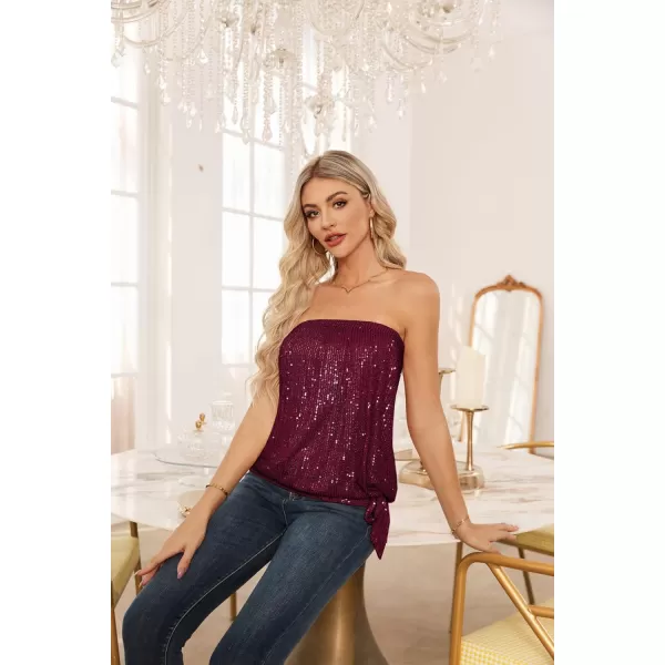 GRACE KARIN Sequin Tops for Women Sparkly Elastic Ruched Twist Knot Tie for PartyBurgundy